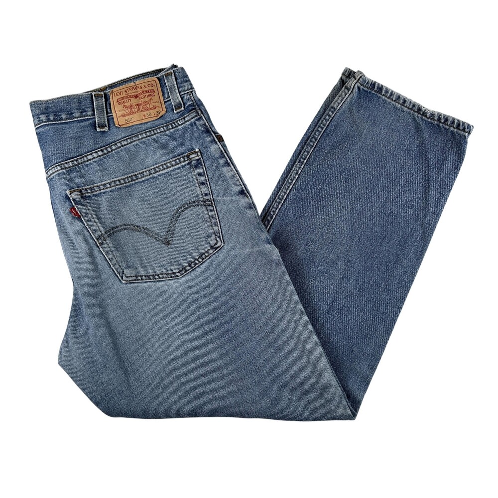 Levis 550 Jeans Mens 38x31 Light Wash Denim Relaxed Tapered Zip Fly Distressed